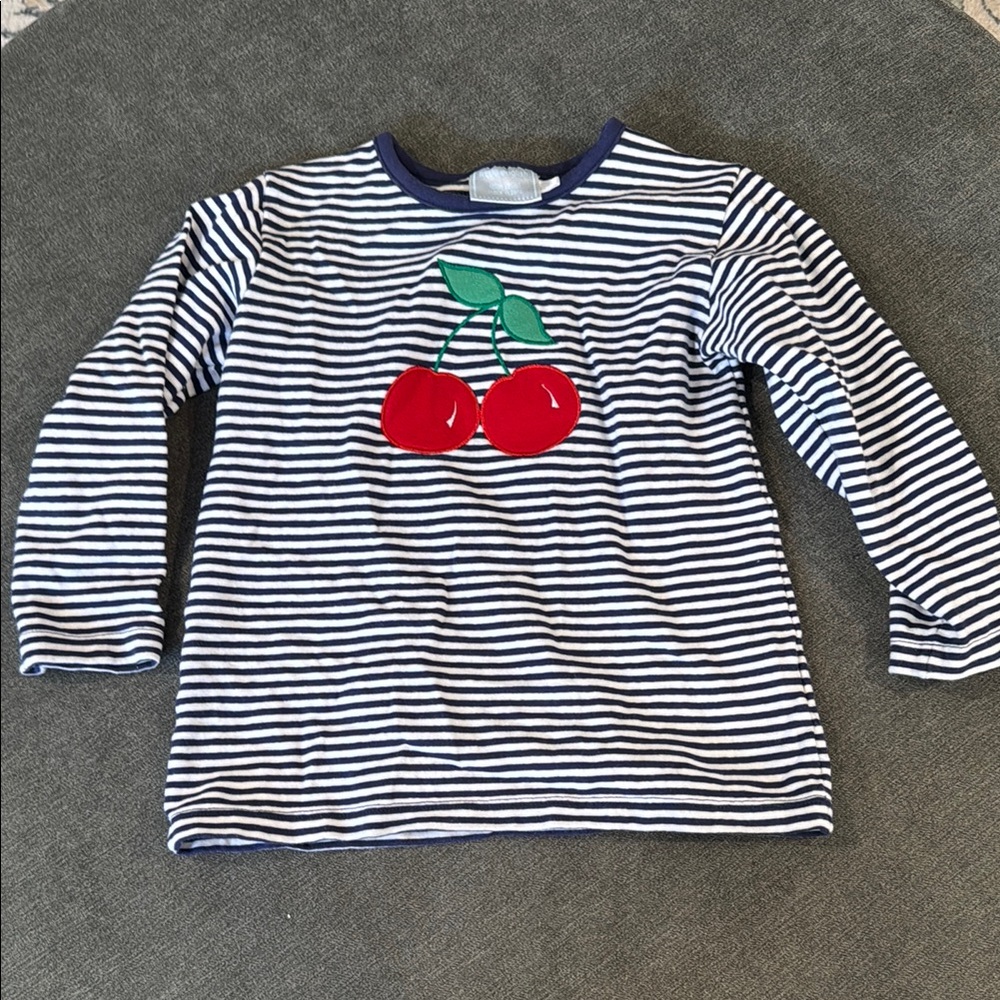 Little English Navy Blue Long Sleeve Tee with Cherry Appliqué